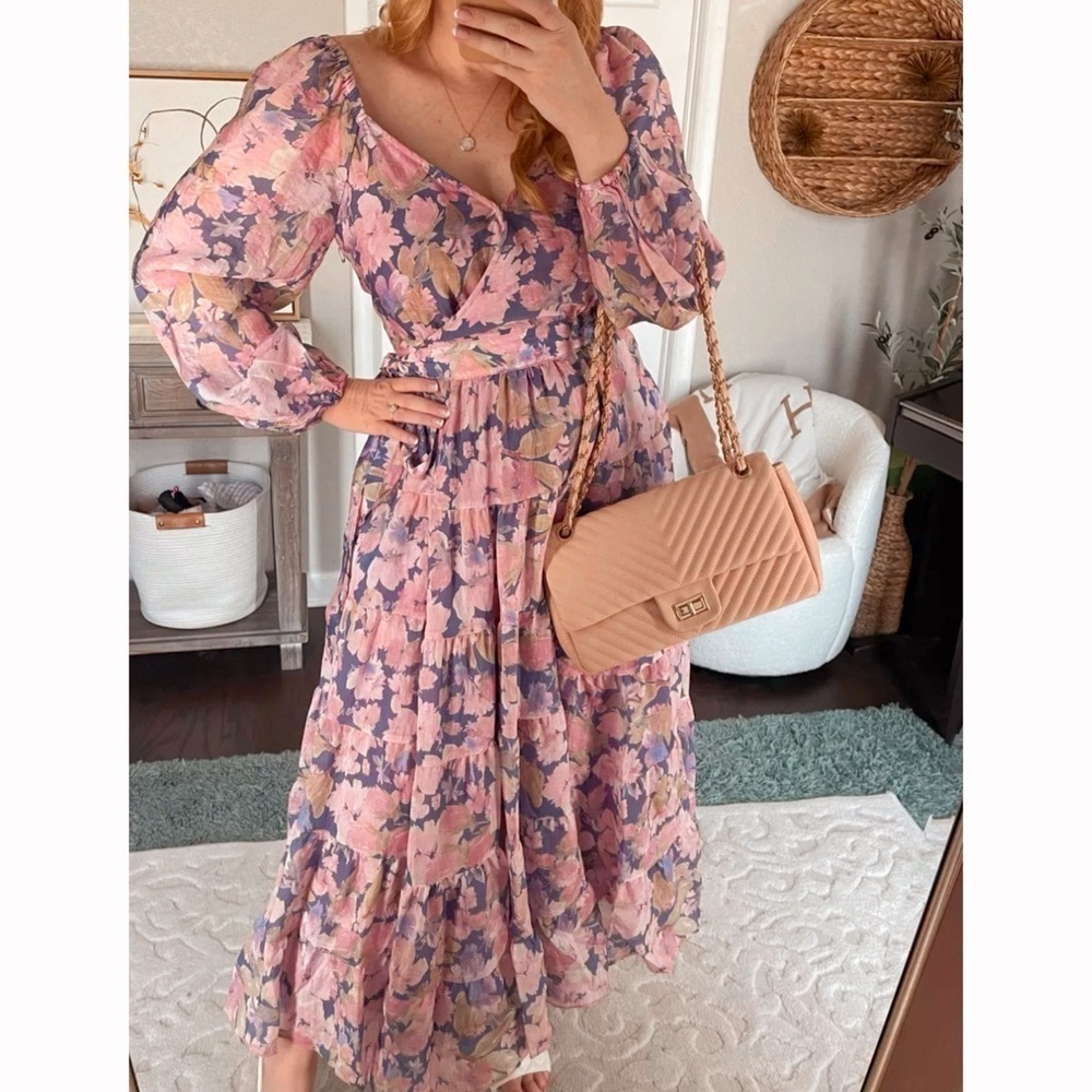 Astr Floral Midi Dress in Pink and Purple